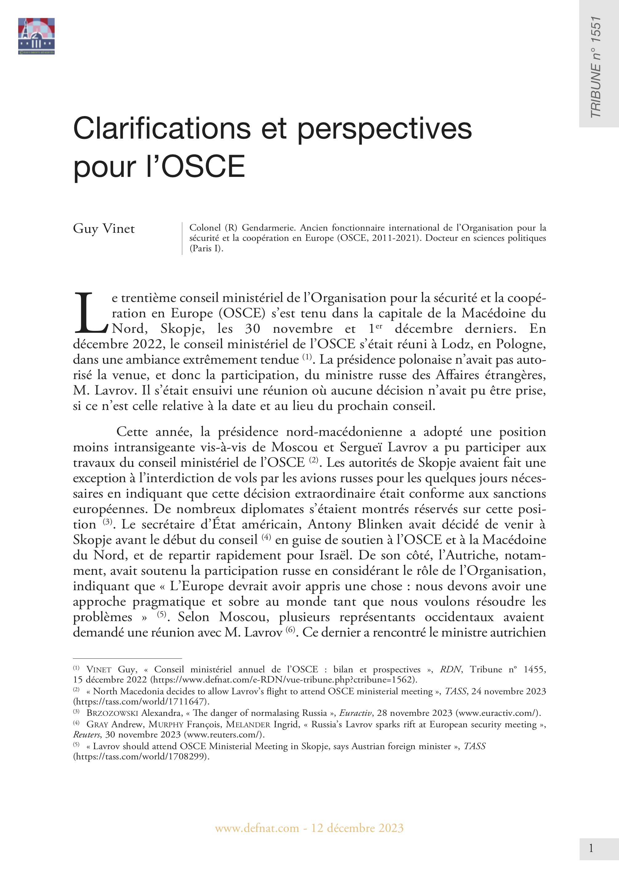 Clarifications et perspectives pour l’OSCE (T 1551)
